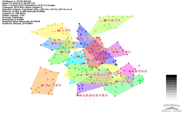 p19 圖1 民族教育研究關(guān)鍵詞網(wǎng)絡聚類視圖(2012-2021).jpg